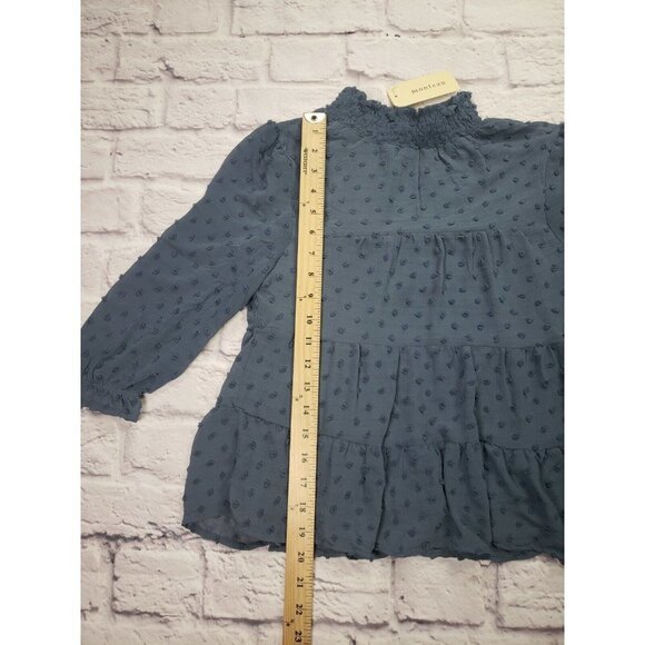 Monteau Womens Size Small Blue 3/4 Sleeve Swiss Dot Semi Sheer Blouse - Picture 7 of 8